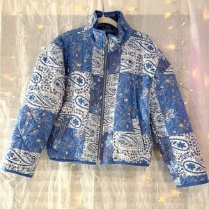 7 for all mankind, blue/white bandana quilted zipper jacket, Large